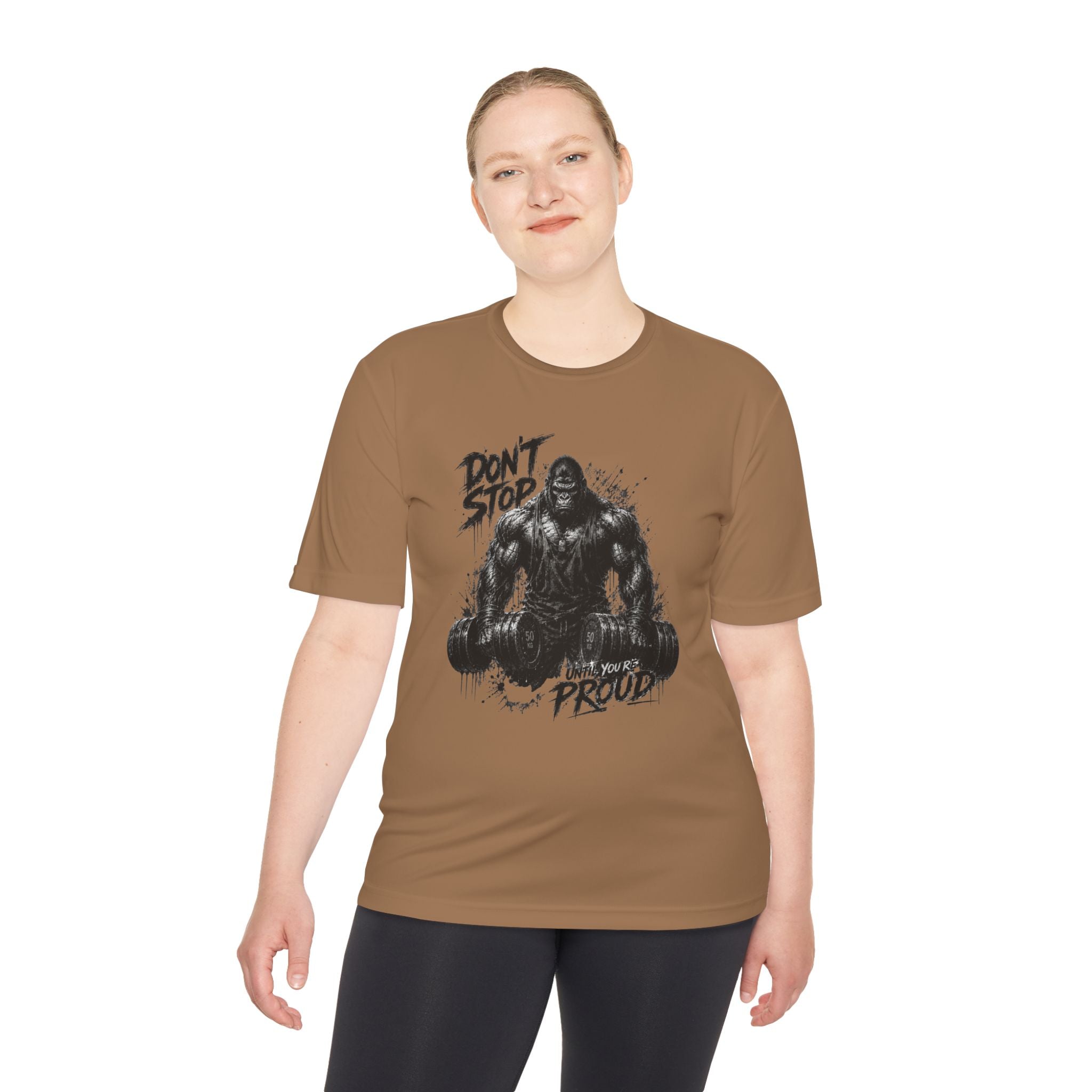 Motivational Gym Tee — 'Don't Stop, Be Proud' Gorilla Weightlifting Shirt (No Pain No Gain)