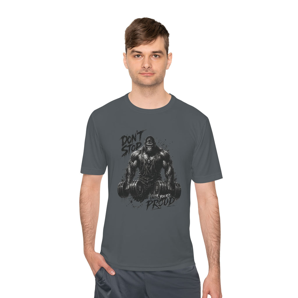 Motivational Gym Tee — 'Don't Stop, Be Proud' Gorilla Weightlifting Shirt (No Pain No Gain)