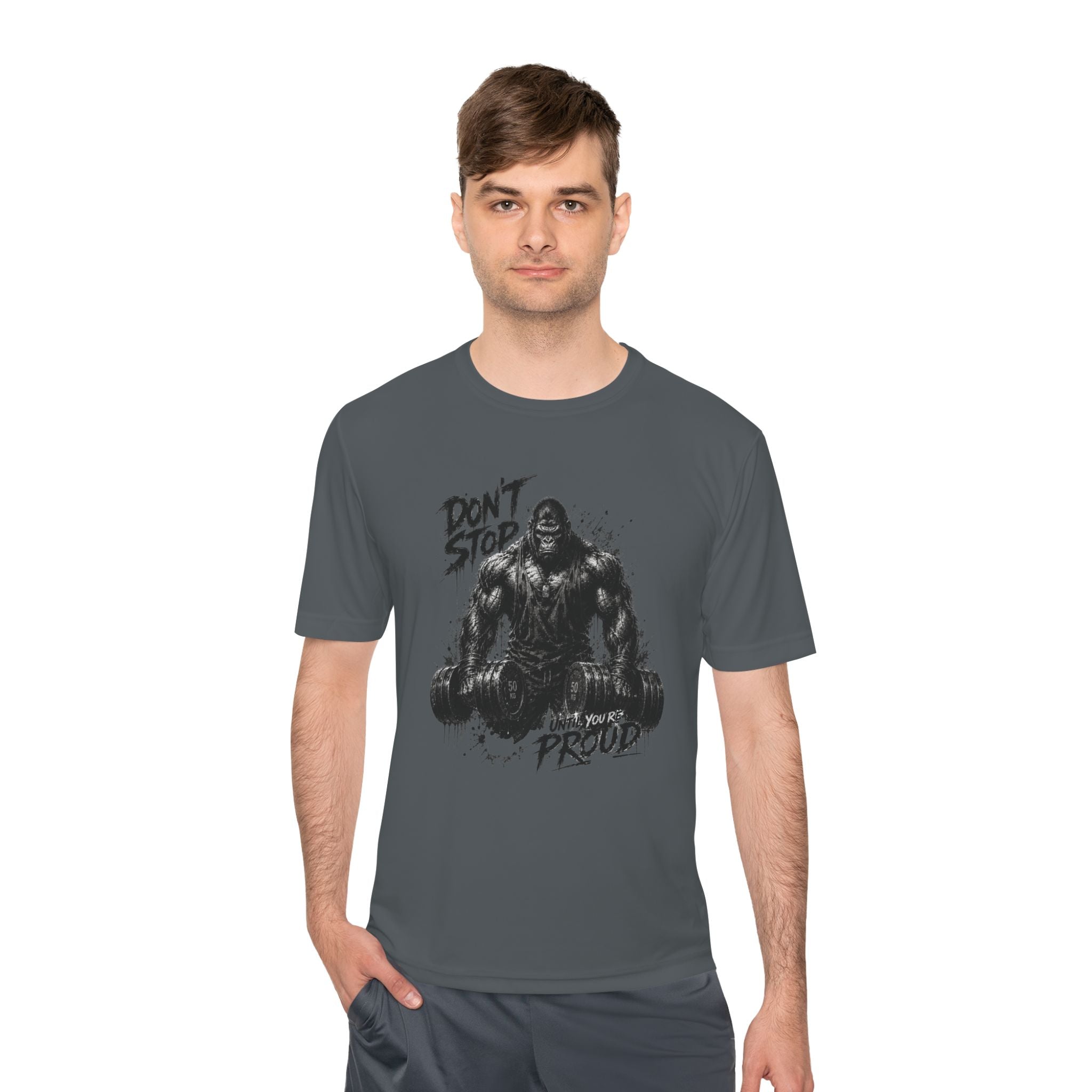 Motivational Gym Tee — 'Don't Stop, Be Proud' Gorilla Weightlifting Shirt (No Pain No Gain)