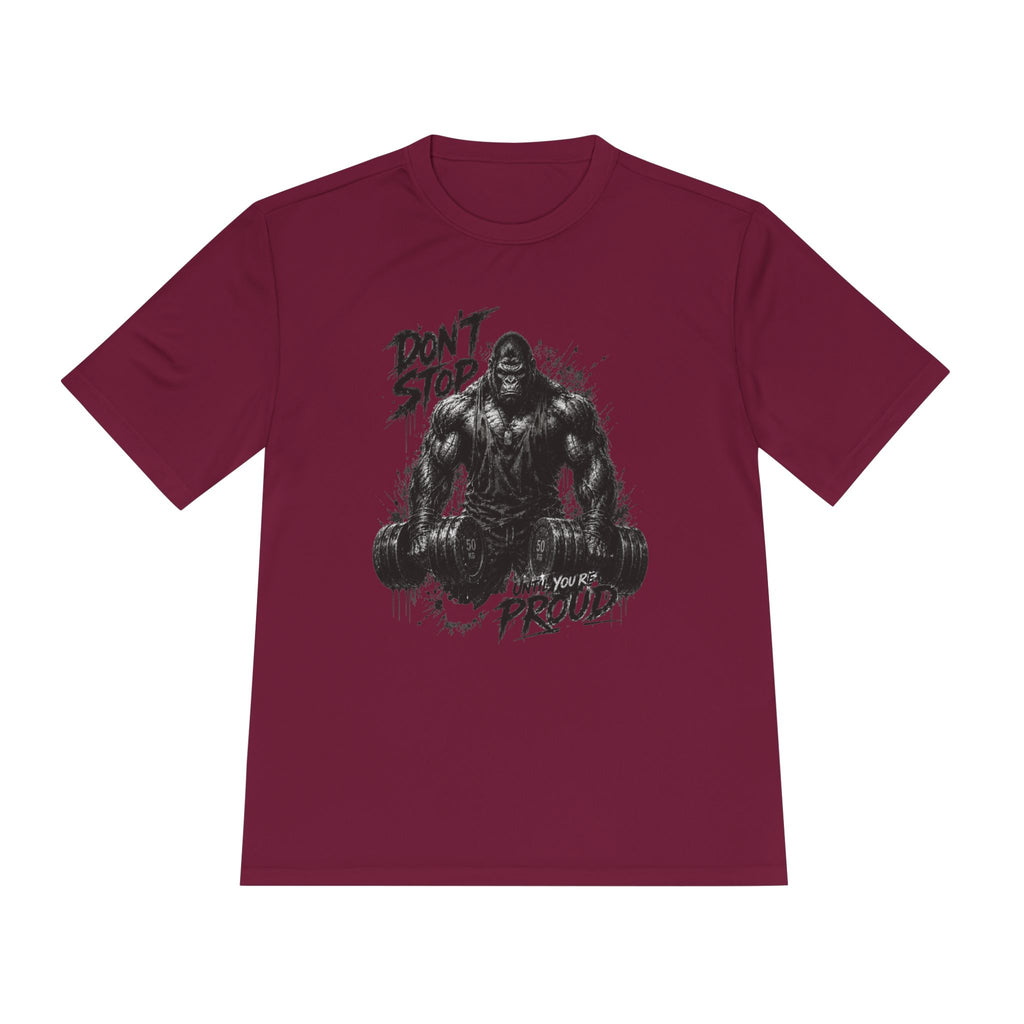 Motivational Gym Tee — 'Don't Stop, Be Proud' Gorilla Weightlifting Shirt (No Pain No Gain)