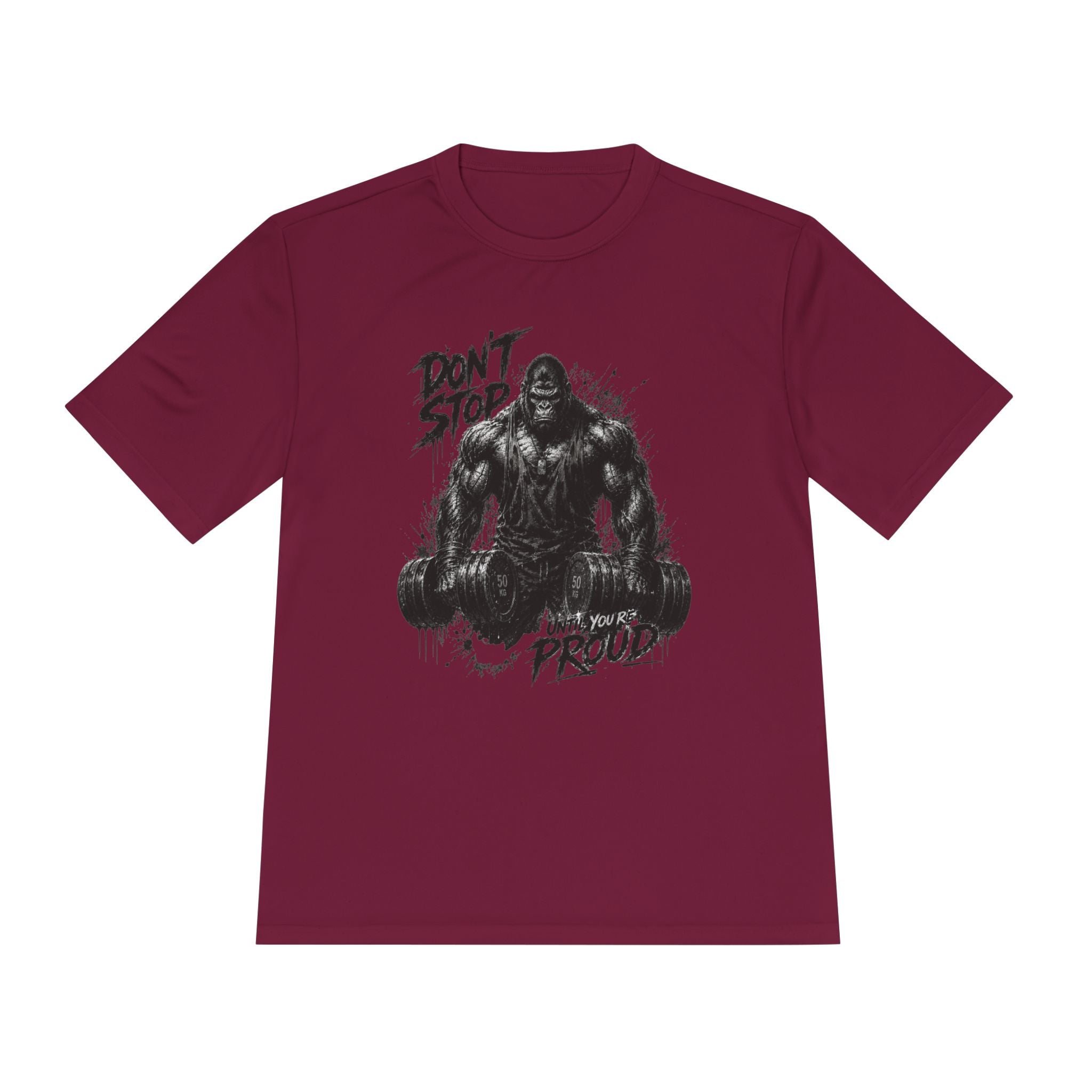 Motivational Gym Tee — 'Don't Stop, Be Proud' Gorilla Weightlifting Shirt (No Pain No Gain)