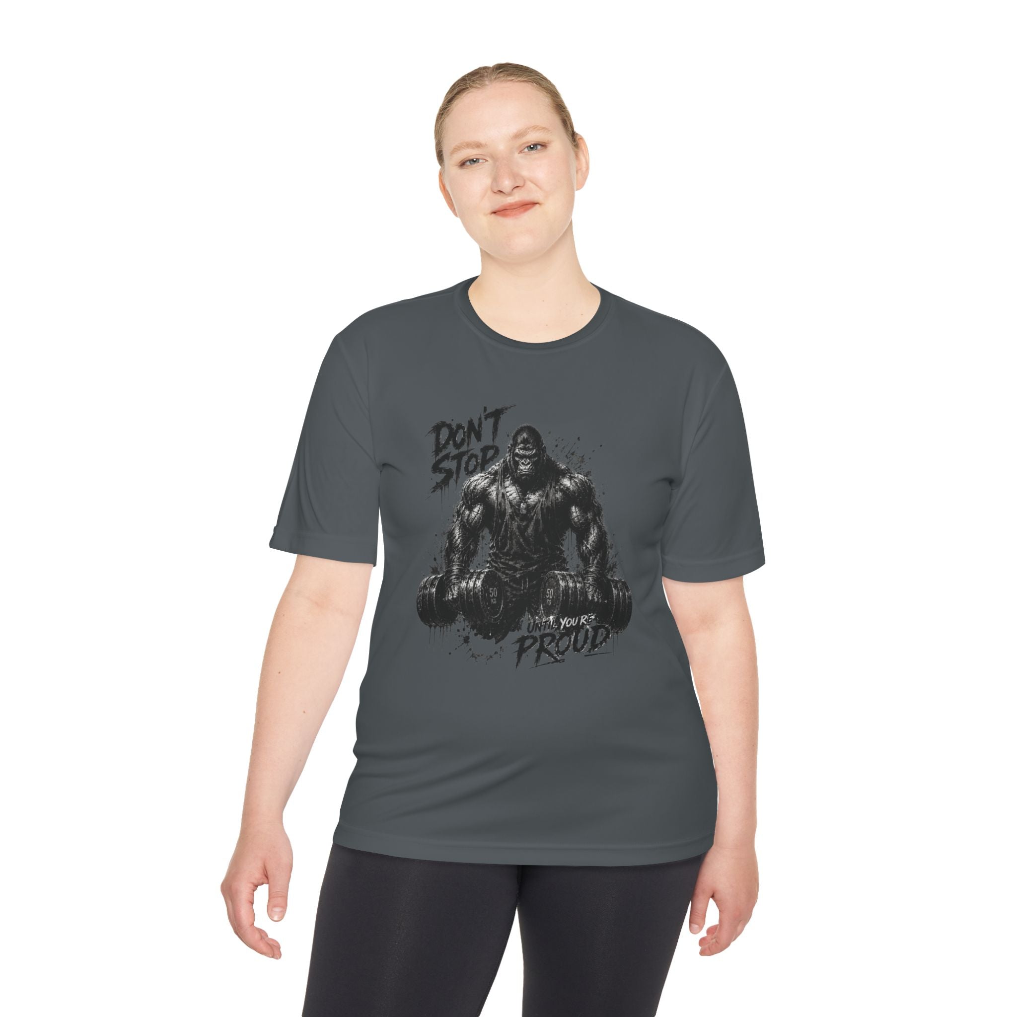 Motivational Gym Tee — 'Don't Stop, Be Proud' Gorilla Weightlifting Shirt (No Pain No Gain)
