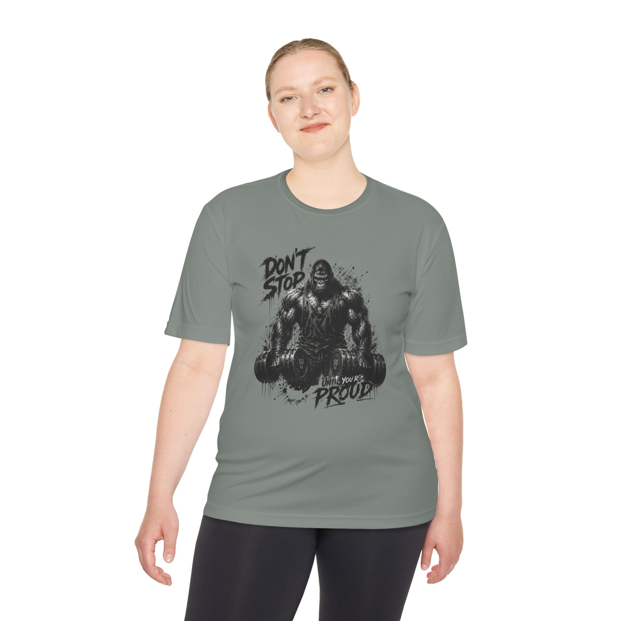 Motivational Gym Tee — 'Don't Stop, Be Proud' Gorilla Weightlifting Shirt (No Pain No Gain)