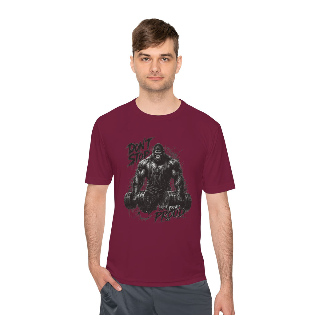 Motivational Gym Tee — 'Don't Stop, Be Proud' Gorilla Weightlifting Shirt (No Pain No Gain)