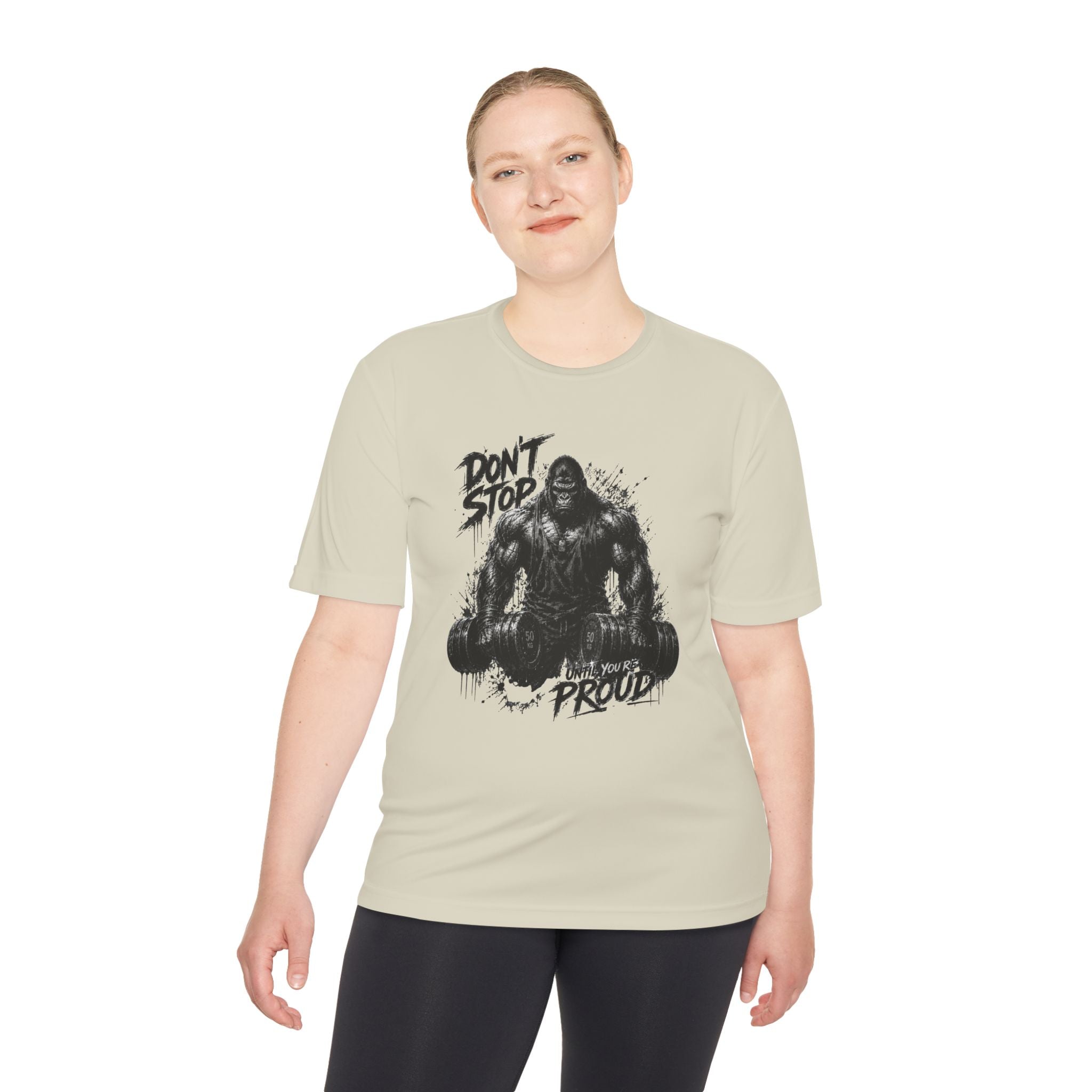 Motivational Gym Tee — 'Don't Stop, Be Proud' Gorilla Weightlifting Shirt (No Pain No Gain)