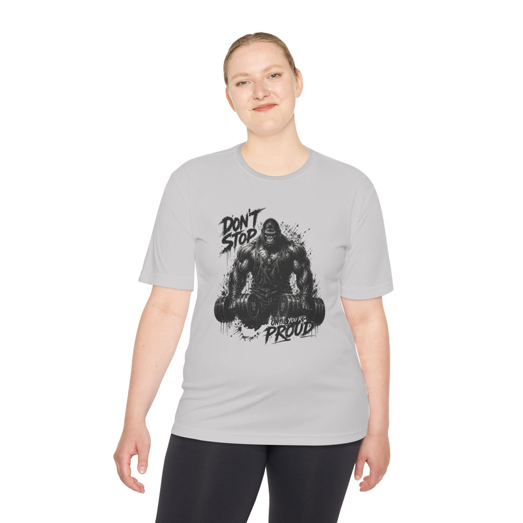 Motivational Gym Tee — 'Don't Stop, Be Proud' Gorilla Weightlifting Shirt (No Pain No Gain)
