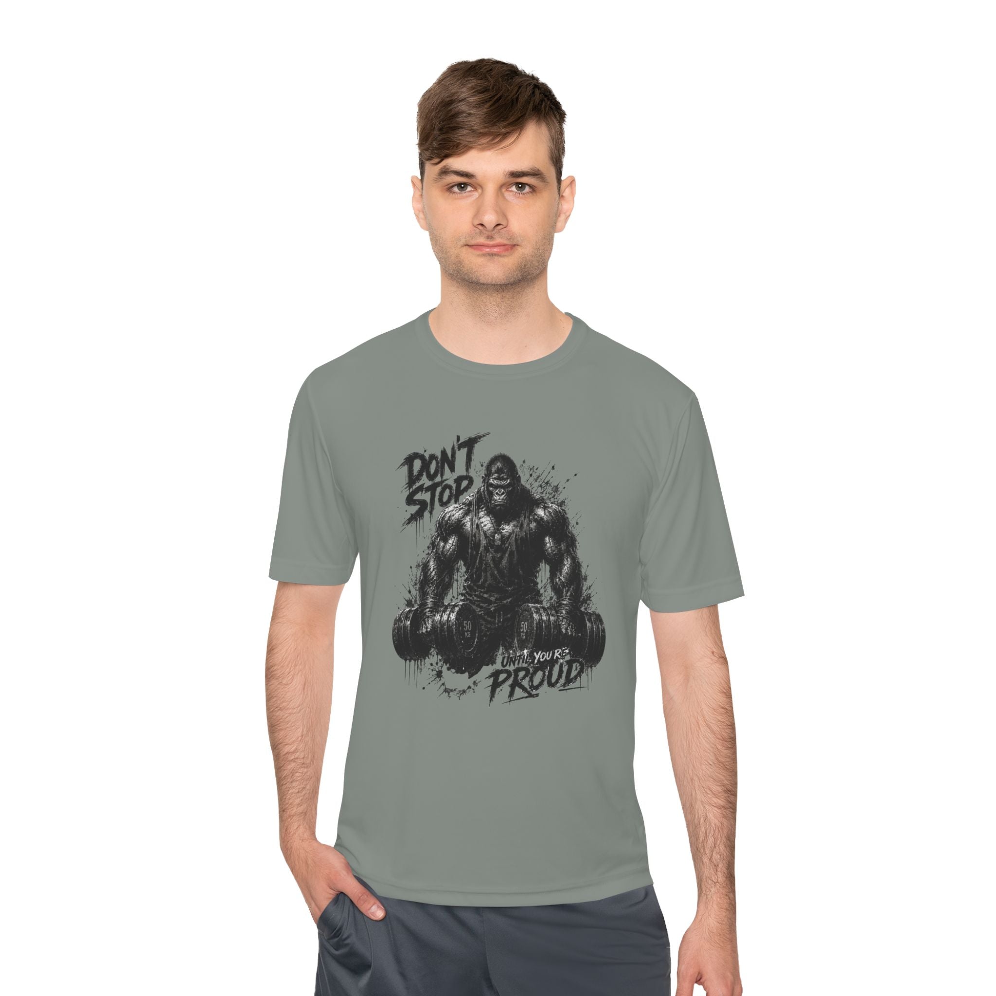 Motivational Gym Tee — 'Don't Stop, Be Proud' Gorilla Weightlifting Shirt (No Pain No Gain)