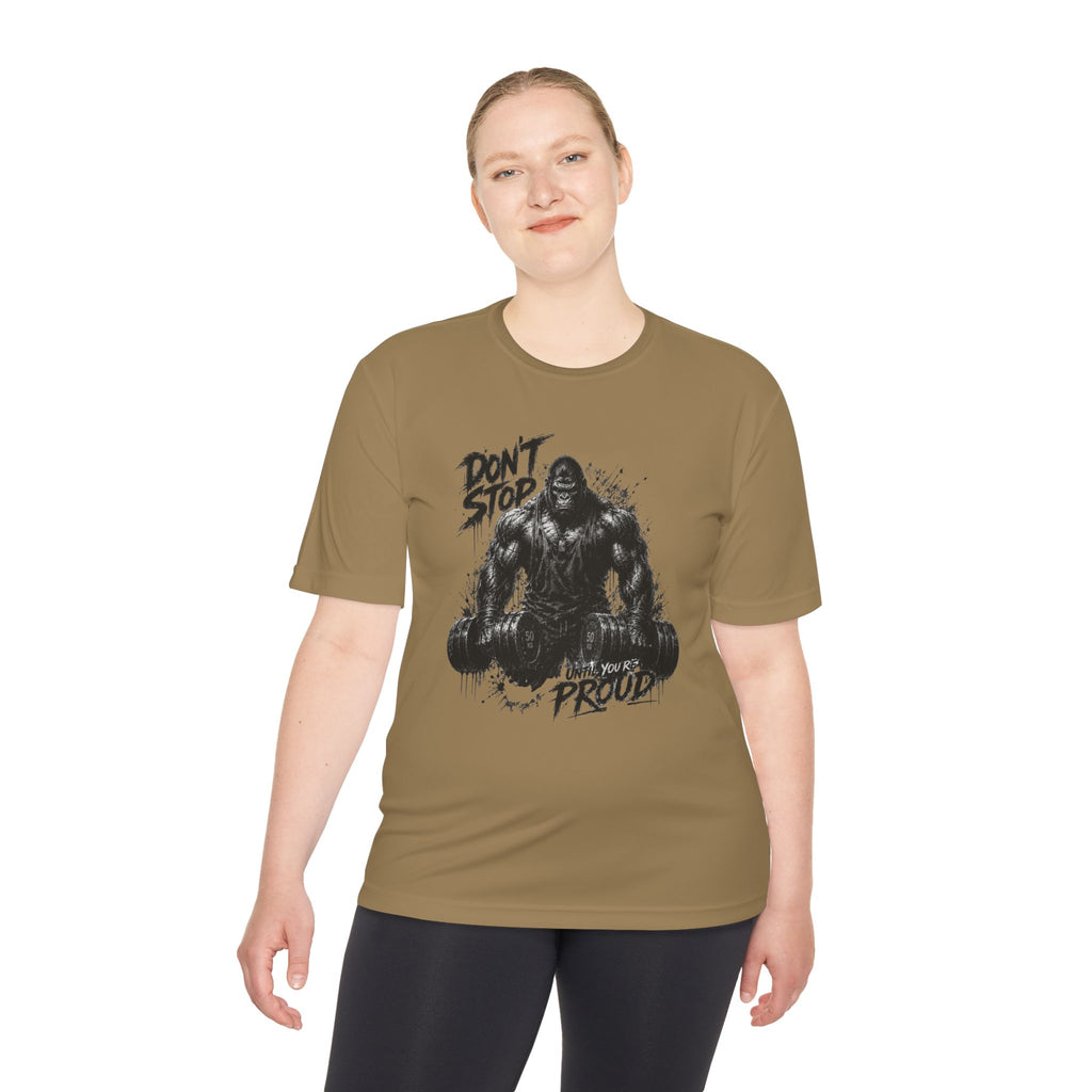 Motivational Gym Tee — 'Don't Stop, Be Proud' Gorilla Weightlifting Shirt (No Pain No Gain)