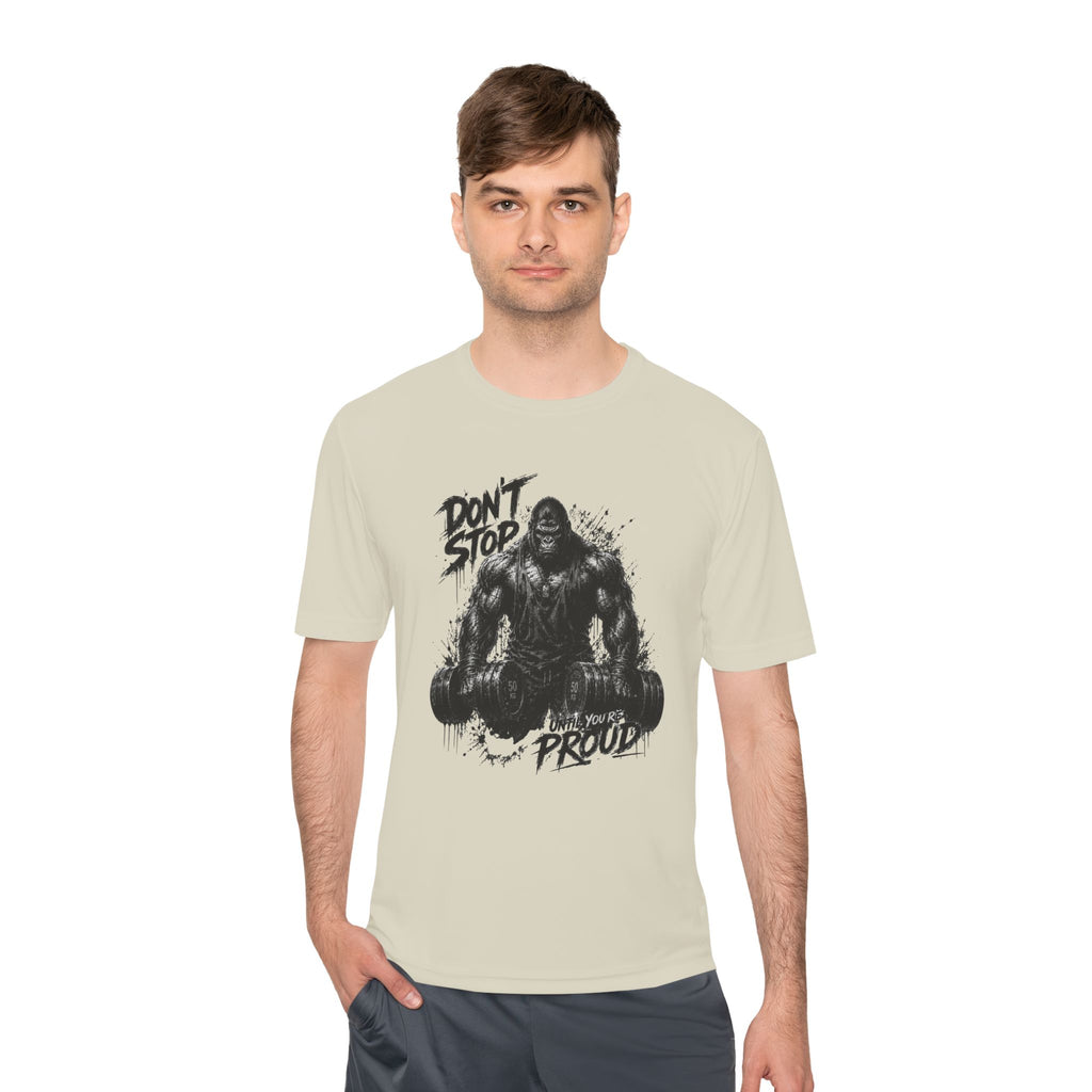 Motivational Gym Tee — 'Don't Stop, Be Proud' Gorilla Weightlifting Shirt (No Pain No Gain)