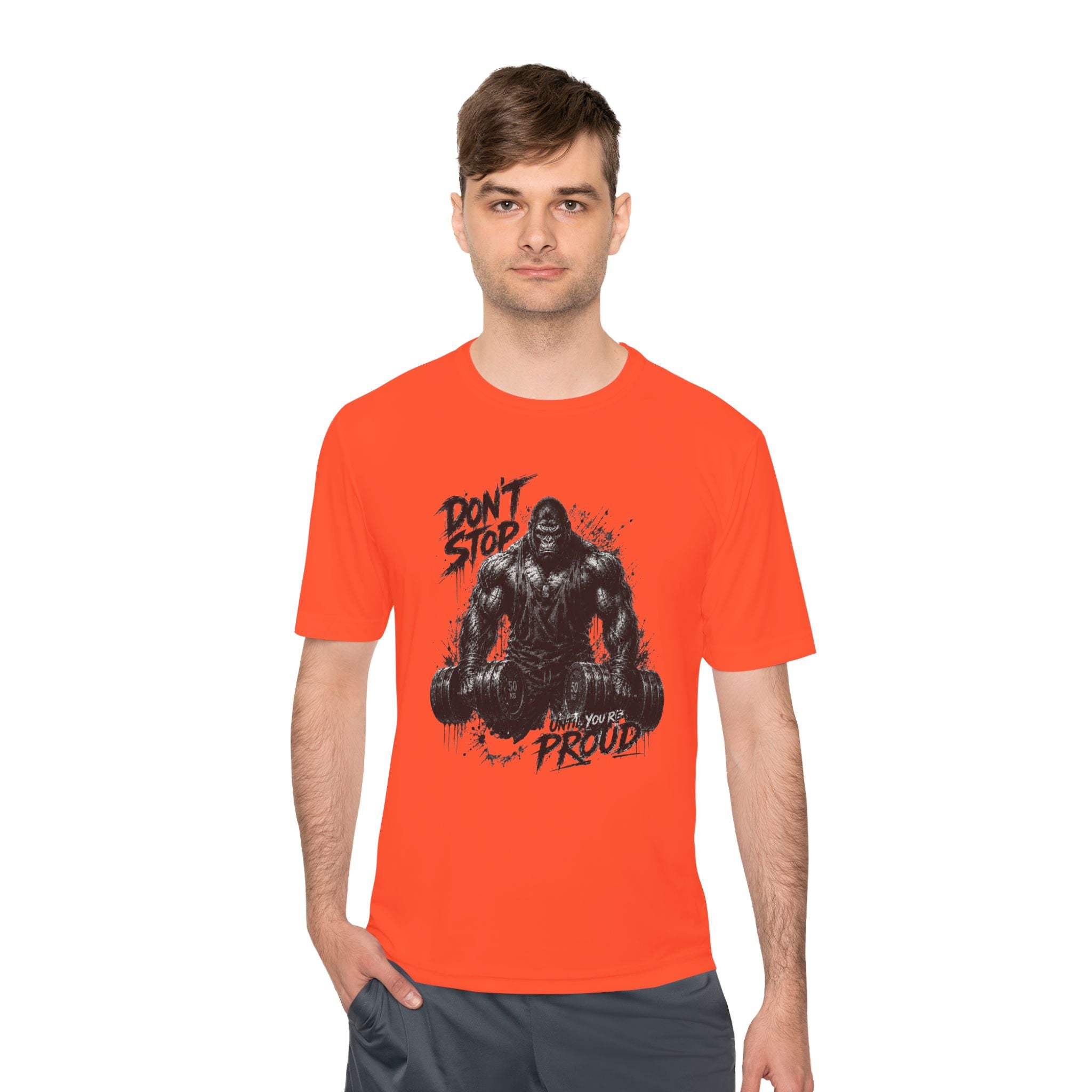 Motivational Gym Tee — 'Don't Stop, Be Proud' Gorilla Weightlifting Shirt (No Pain No Gain)
