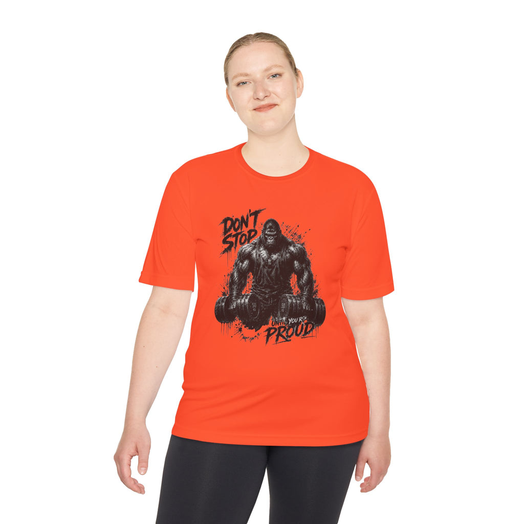 Motivational Gym Tee — 'Don't Stop, Be Proud' Gorilla Weightlifting Shirt (No Pain No Gain)