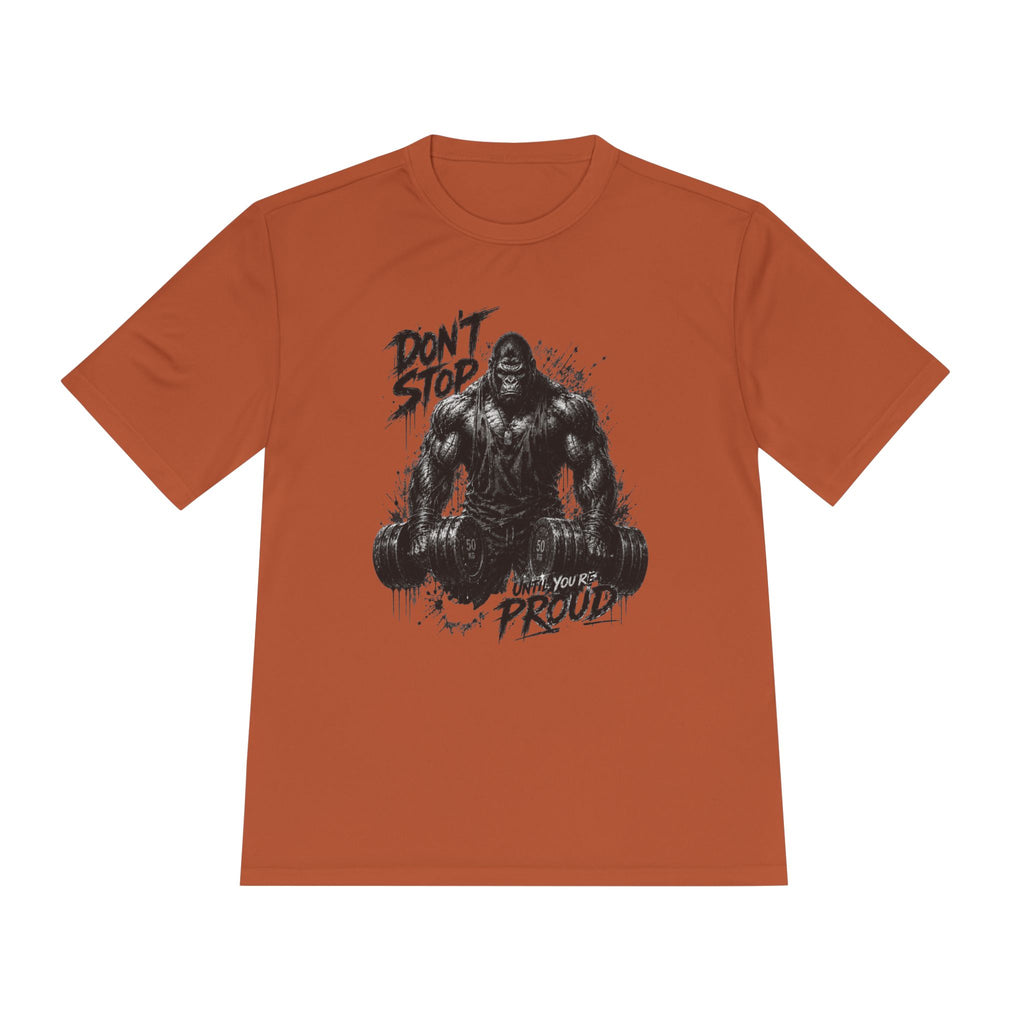 Motivational Gym Tee — 'Don't Stop, Be Proud' Gorilla Weightlifting Shirt (No Pain No Gain)