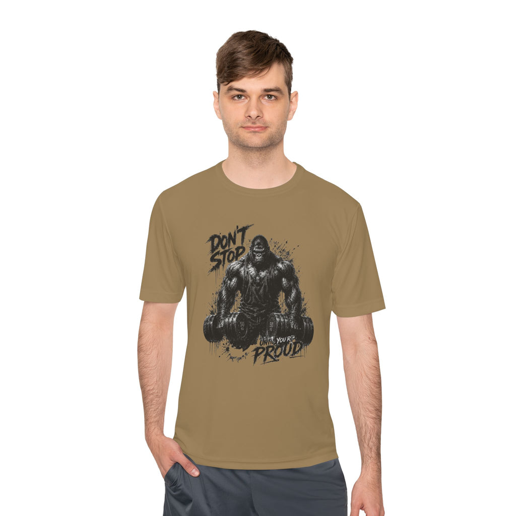 Motivational Gym Tee — 'Don't Stop, Be Proud' Gorilla Weightlifting Shirt (No Pain No Gain)
