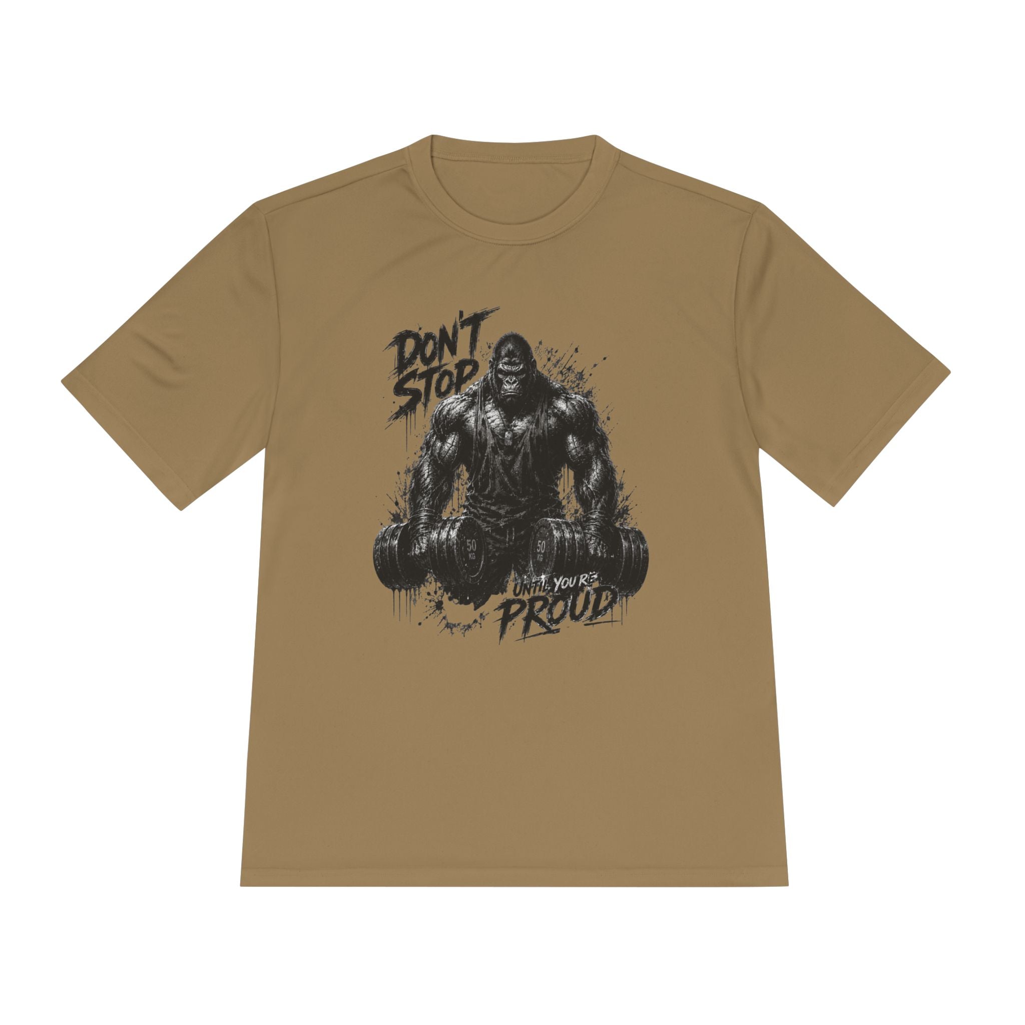 Motivational Gym Tee — 'Don't Stop, Be Proud' Gorilla Weightlifting Shirt (No Pain No Gain)