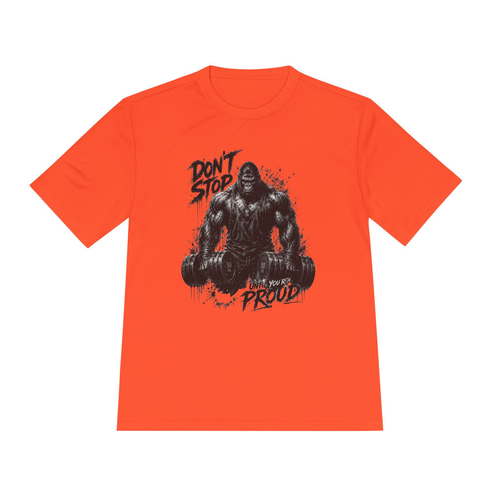 Motivational Gym Tee — 'Don't Stop, Be Proud' Gorilla Weightlifting Shirt (No Pain No Gain)