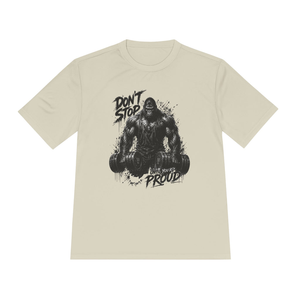 Motivational Gym Tee — 'Don't Stop, Be Proud' Gorilla Weightlifting Shirt (No Pain No Gain)