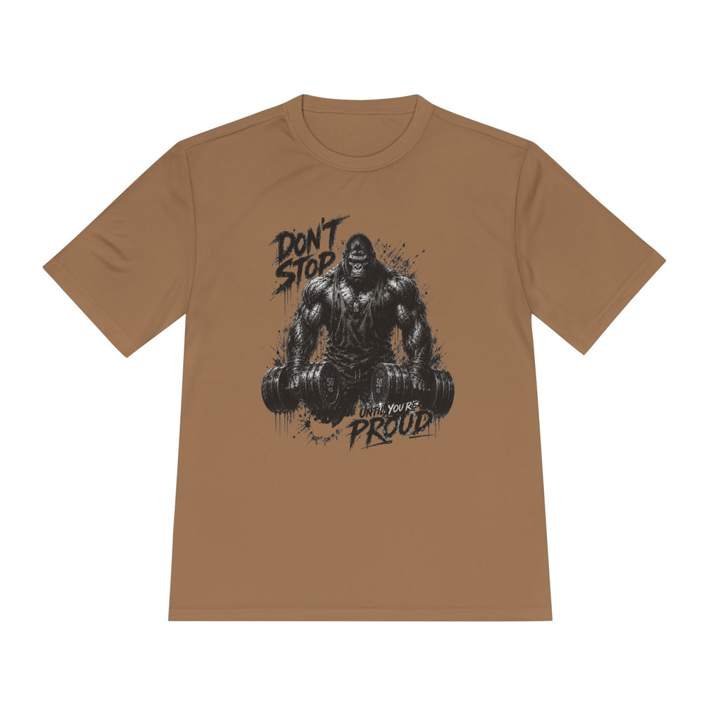 Motivational Gym Tee — 'Don't Stop, Be Proud' Gorilla Weightlifting Shirt (No Pain No Gain)