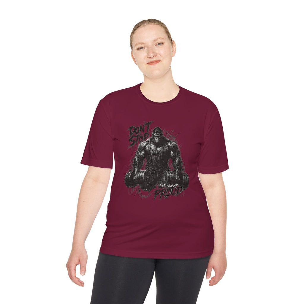 Motivational Gym Tee — 'Don't Stop, Be Proud' Gorilla Weightlifting Shirt (No Pain No Gain)