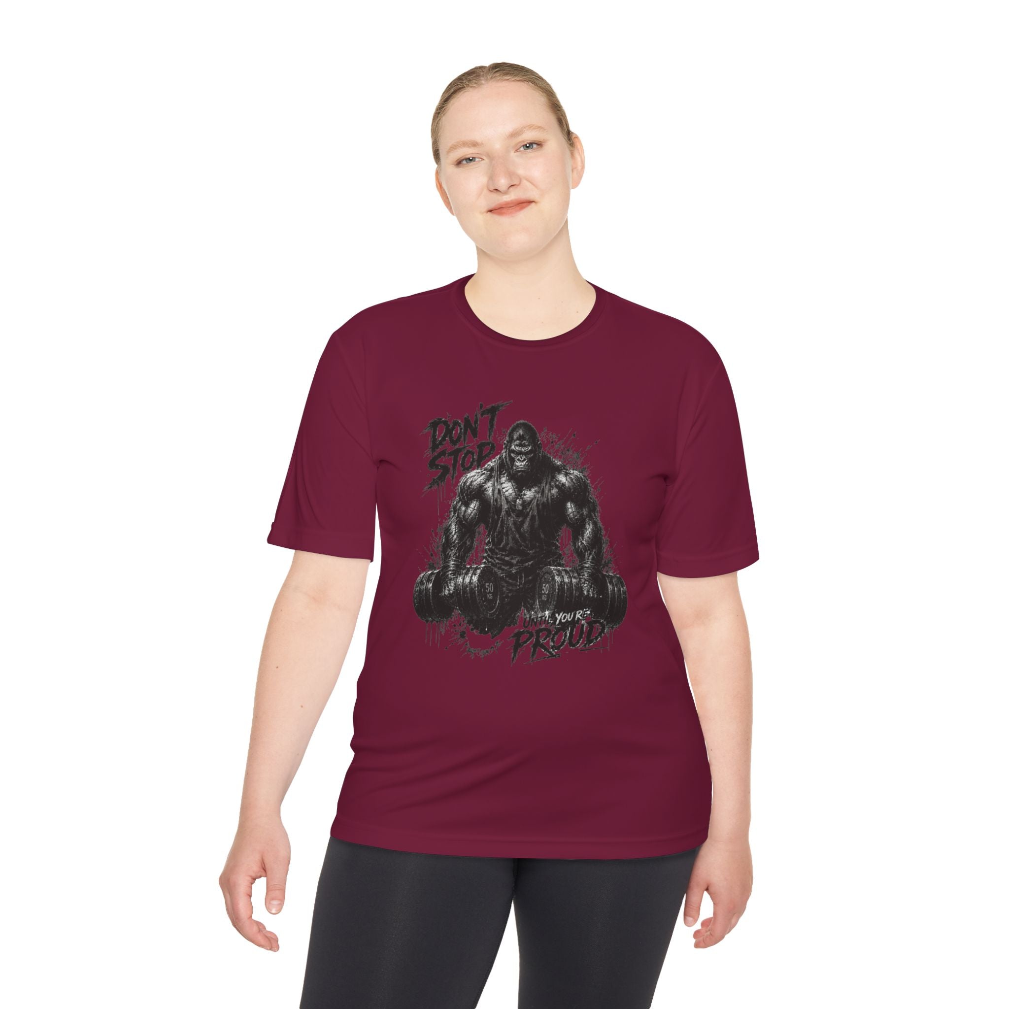 Motivational Gym Tee — 'Don't Stop, Be Proud' Gorilla Weightlifting Shirt (No Pain No Gain)