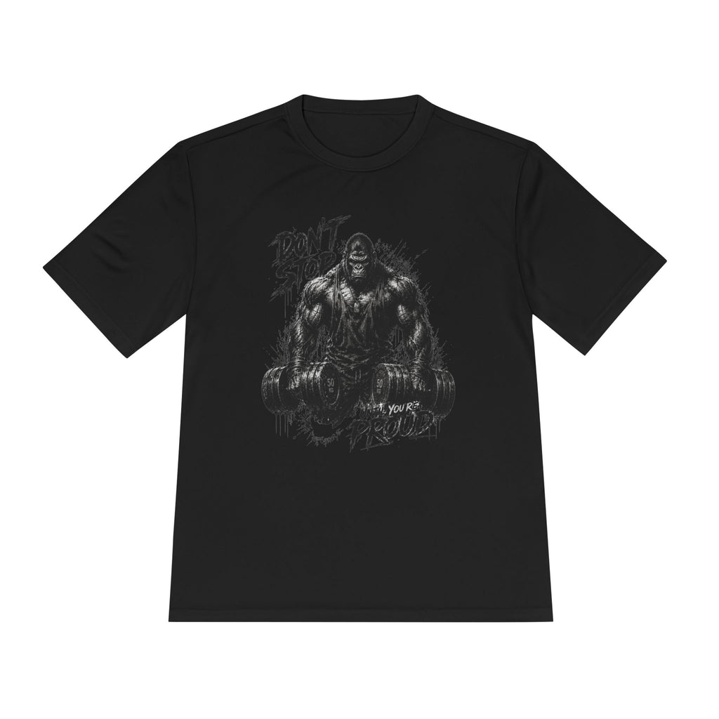 Motivational Gym Tee — 'Don't Stop, Be Proud' Gorilla Weightlifting Shirt (No Pain No Gain)