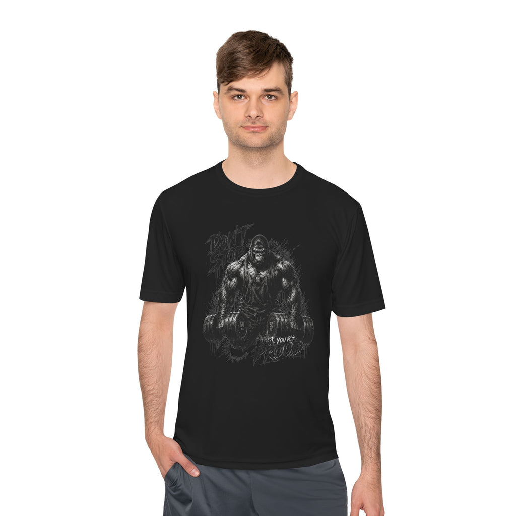 Motivational Gym Tee — 'Don't Stop, Be Proud' Gorilla Weightlifting Shirt (No Pain No Gain)