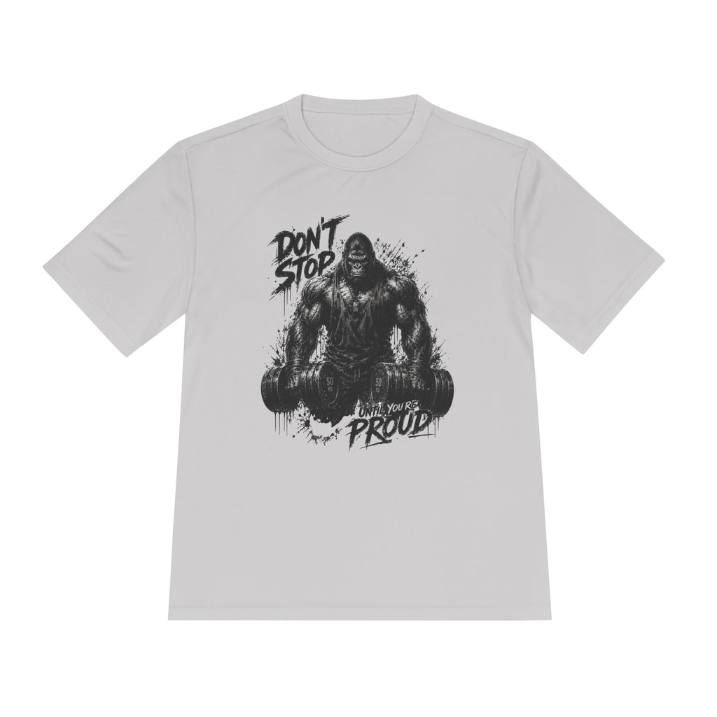 Motivational Gym Tee — 'Don't Stop, Be Proud' Gorilla Weightlifting Shirt (No Pain No Gain)
