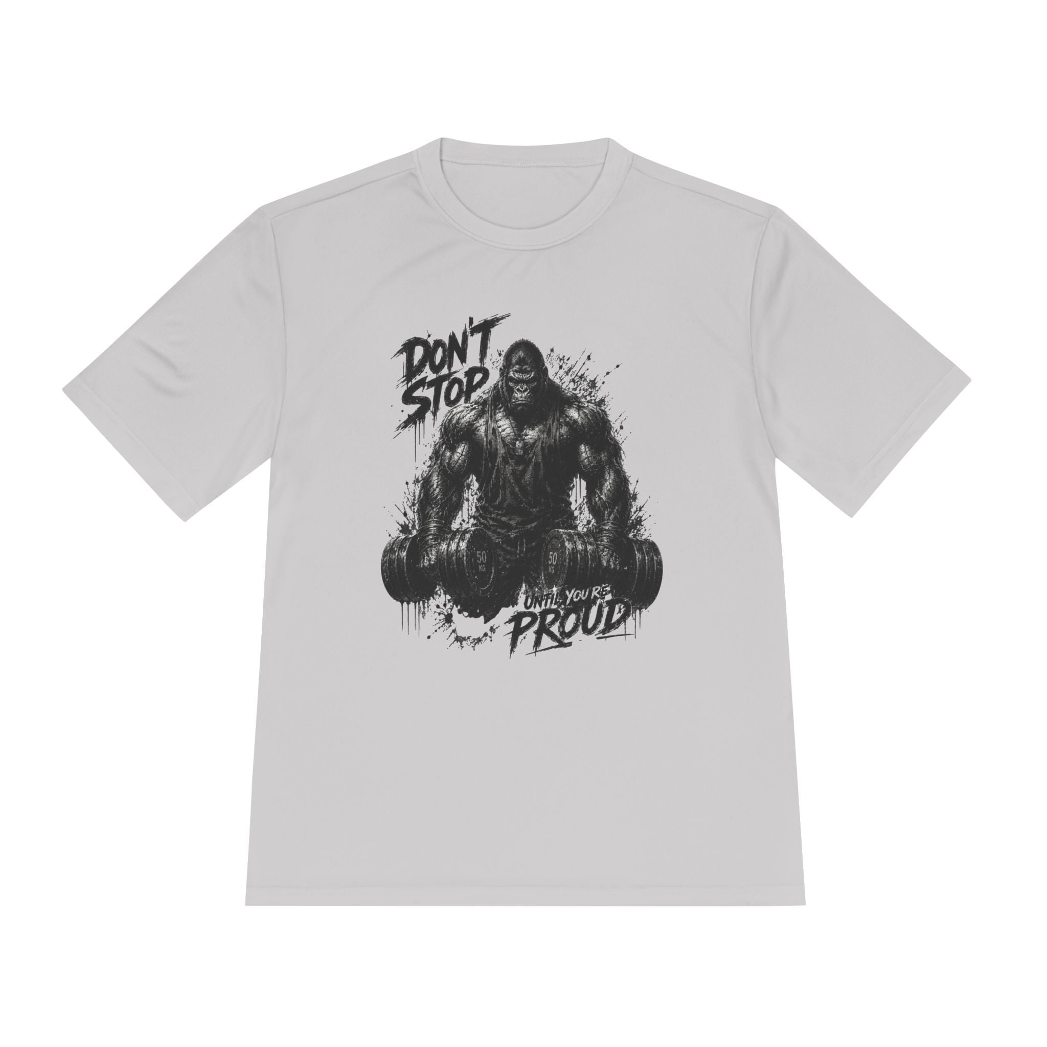 Motivational Gym Tee — 'Don't Stop, Be Proud' Gorilla Weightlifting Shirt (No Pain No Gain)