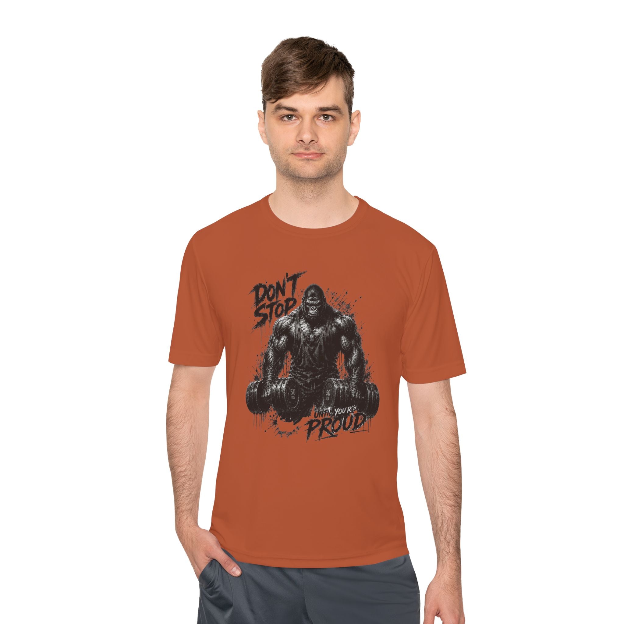Motivational Gym Tee — 'Don't Stop, Be Proud' Gorilla Weightlifting Shirt (No Pain No Gain)