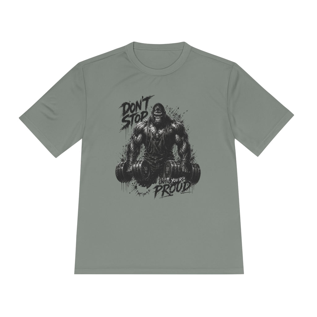 Motivational Gym Tee — 'Don't Stop, Be Proud' Gorilla Weightlifting Shirt (No Pain No Gain)