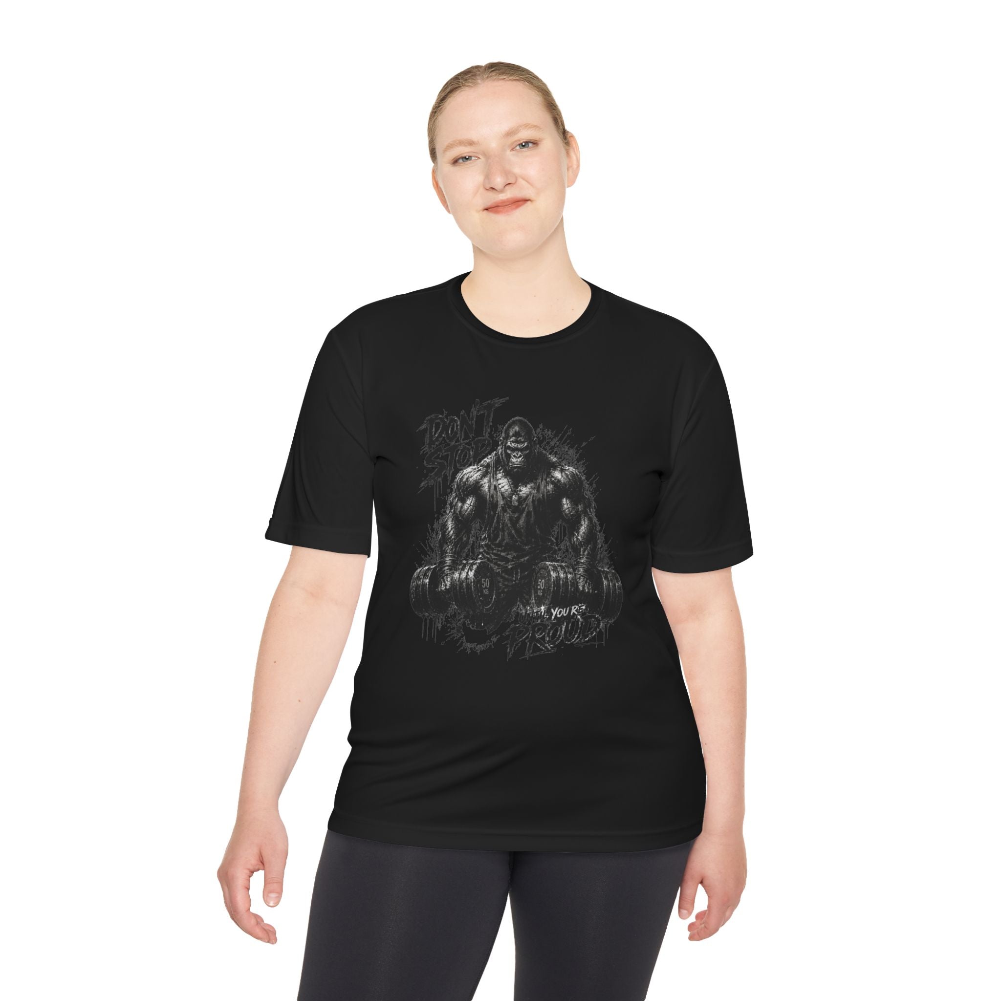 Motivational Gym Tee — 'Don't Stop, Be Proud' Gorilla Weightlifting Shirt (No Pain No Gain)