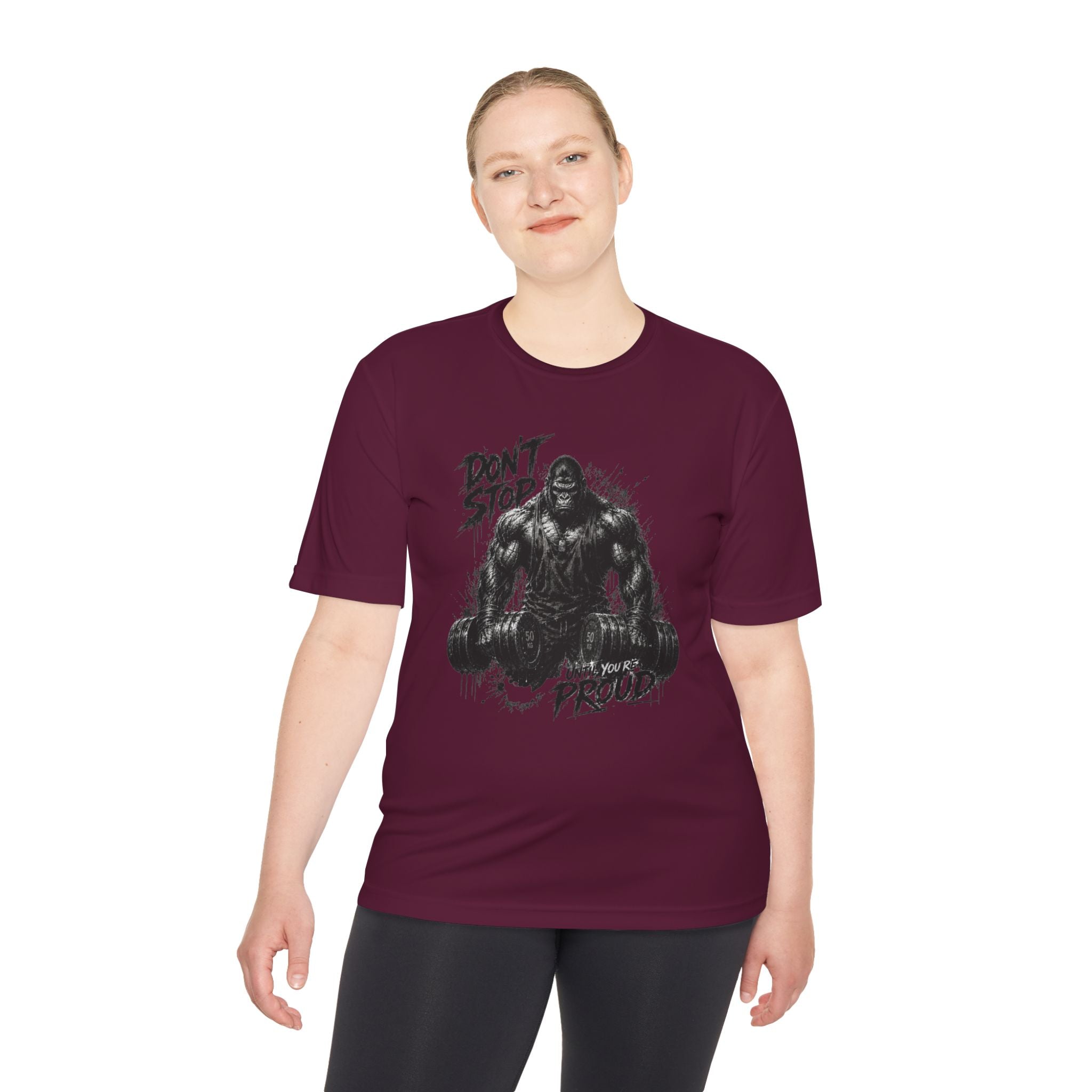 Motivational Gym Tee — 'Don't Stop, Be Proud' Gorilla Weightlifting Shirt (No Pain No Gain)