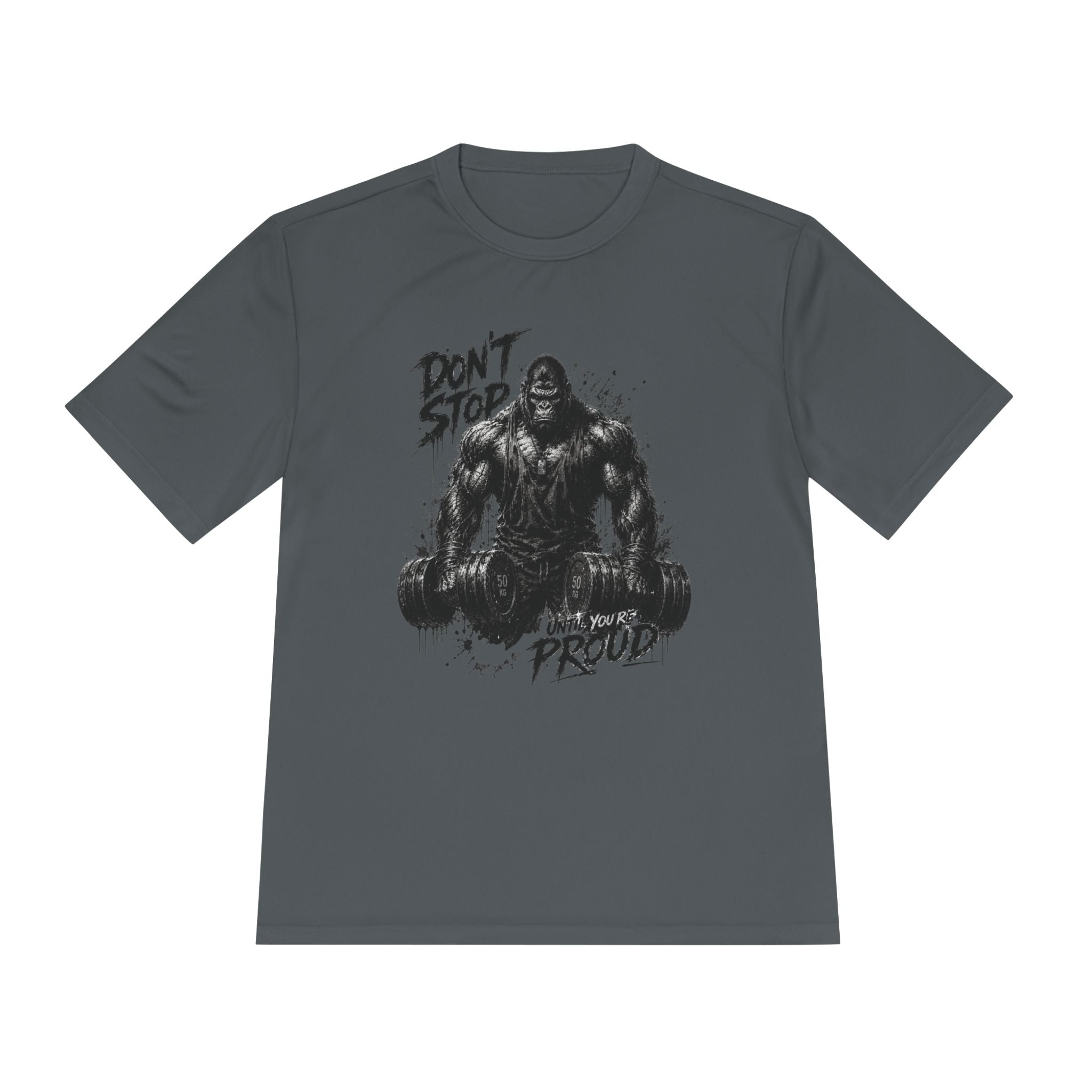 Motivational Gym Tee — 'Don't Stop, Be Proud' Gorilla Weightlifting Shirt (No Pain No Gain)