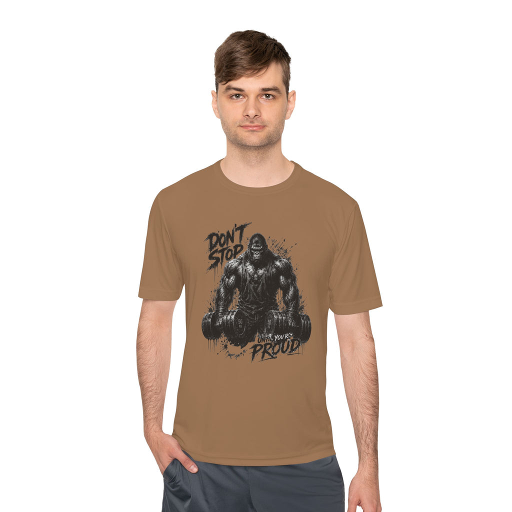 Motivational Gym Tee — 'Don't Stop, Be Proud' Gorilla Weightlifting Shirt (No Pain No Gain)
