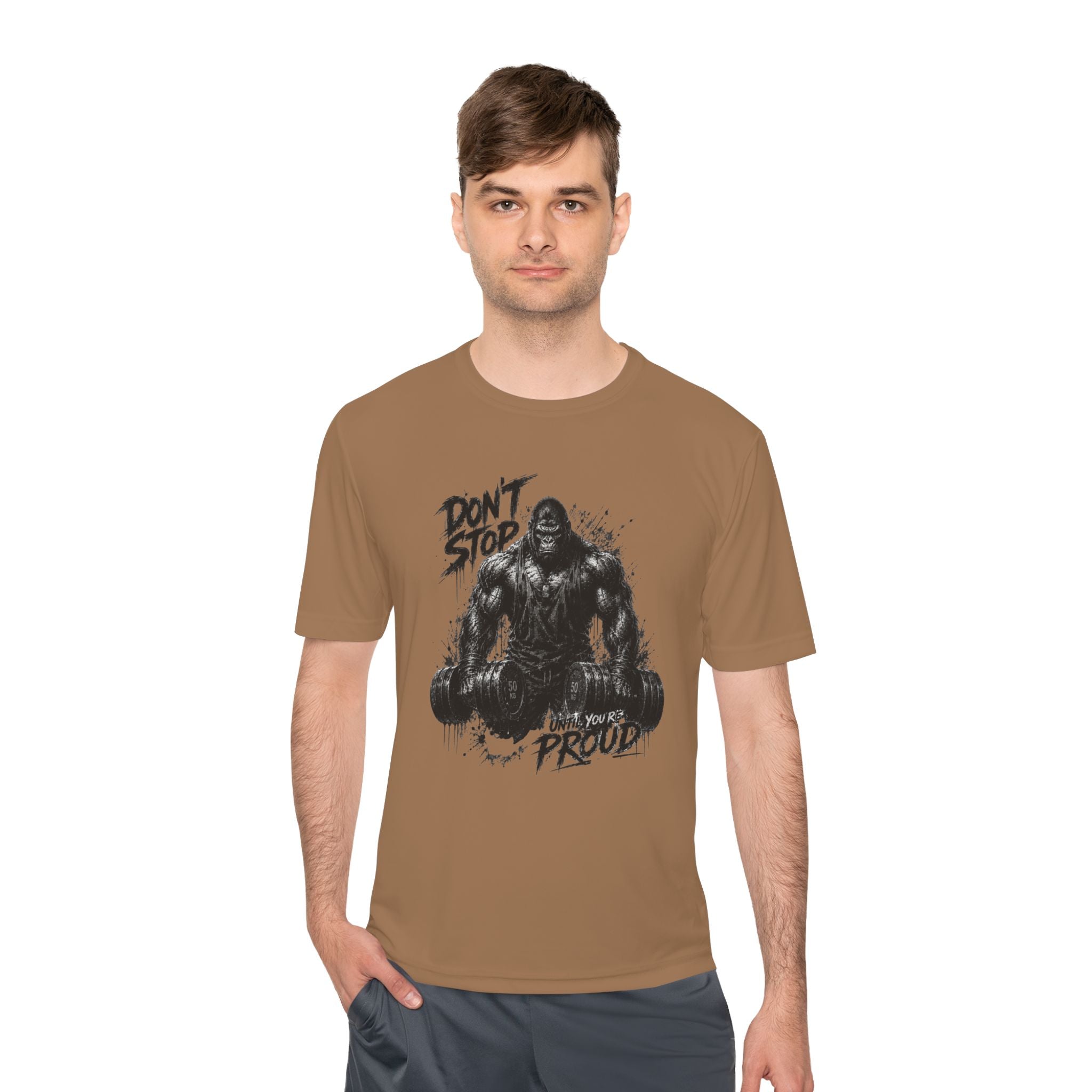 Motivational Gym Tee — 'Don't Stop, Be Proud' Gorilla Weightlifting Shirt (No Pain No Gain)