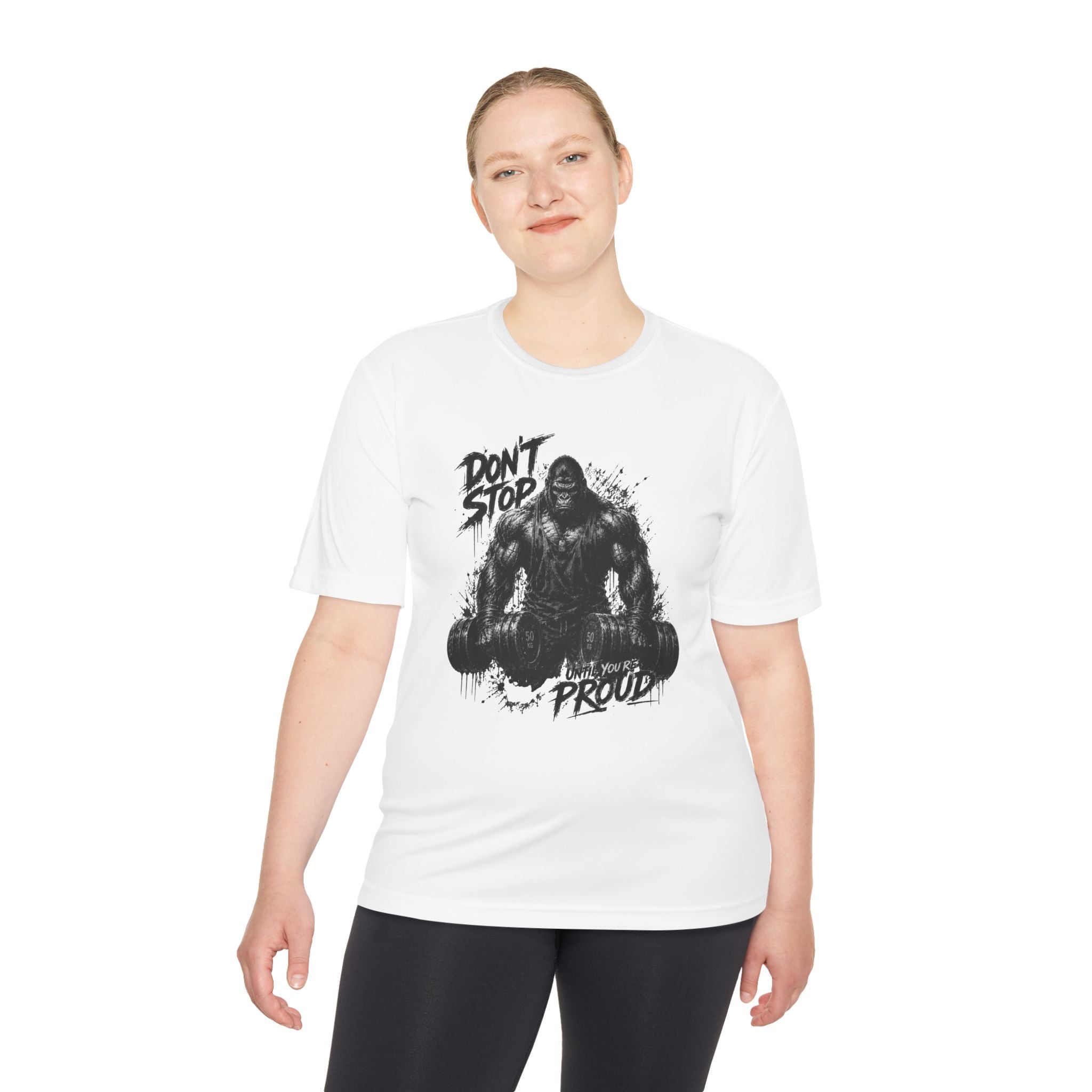 Motivational Gym Tee — 'Don't Stop, Be Proud' Gorilla Weightlifting Shirt (No Pain No Gain)