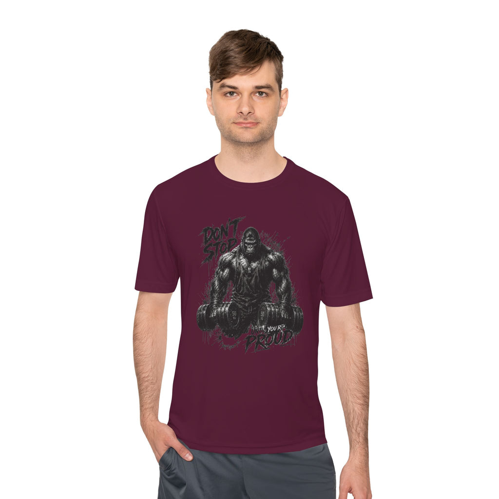Motivational Gym Tee — 'Don't Stop, Be Proud' Gorilla Weightlifting Shirt (No Pain No Gain)