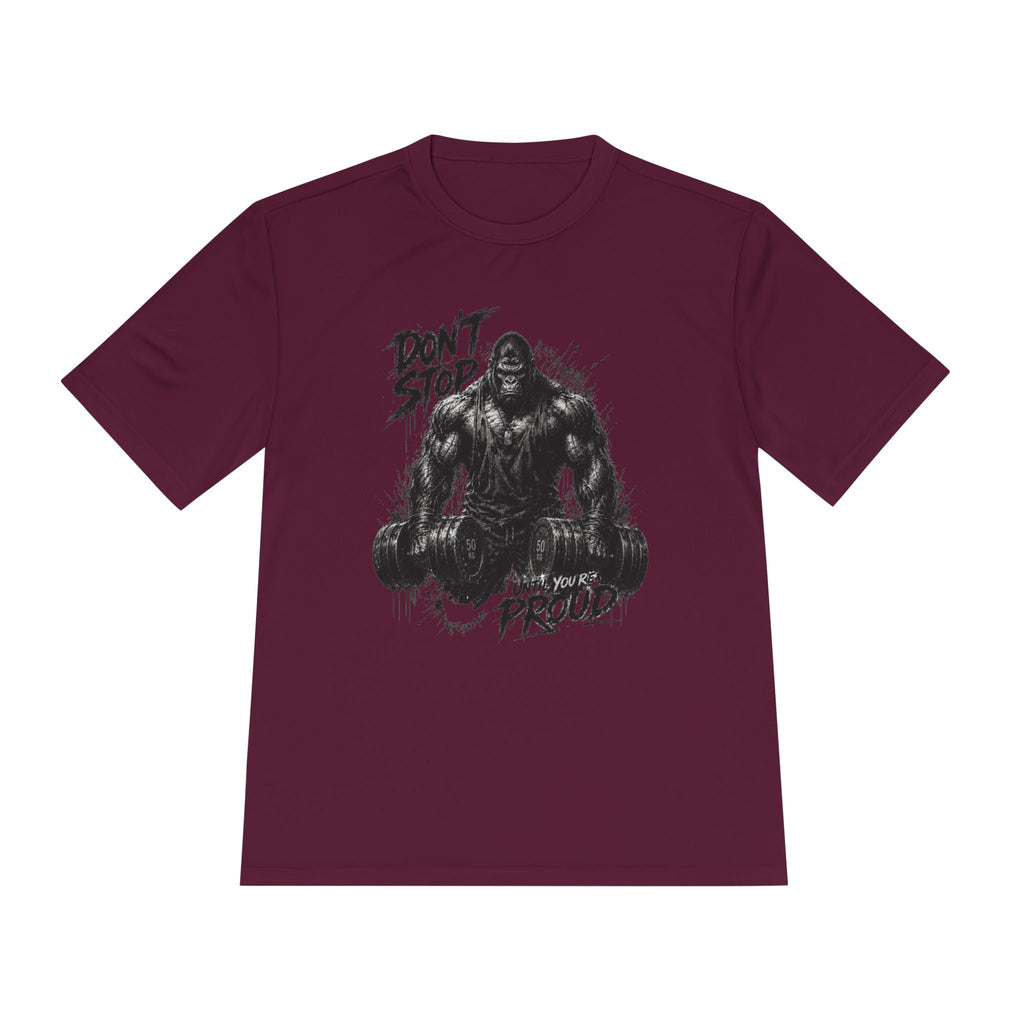 Motivational Gym Tee — 'Don't Stop, Be Proud' Gorilla Weightlifting Shirt (No Pain No Gain)