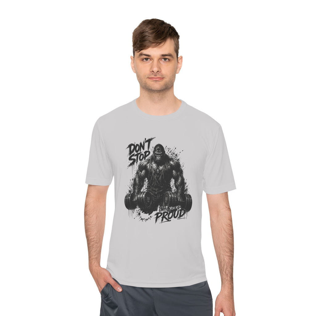 Motivational Gym Tee — 'Don't Stop, Be Proud' Gorilla Weightlifting Shirt (No Pain No Gain)