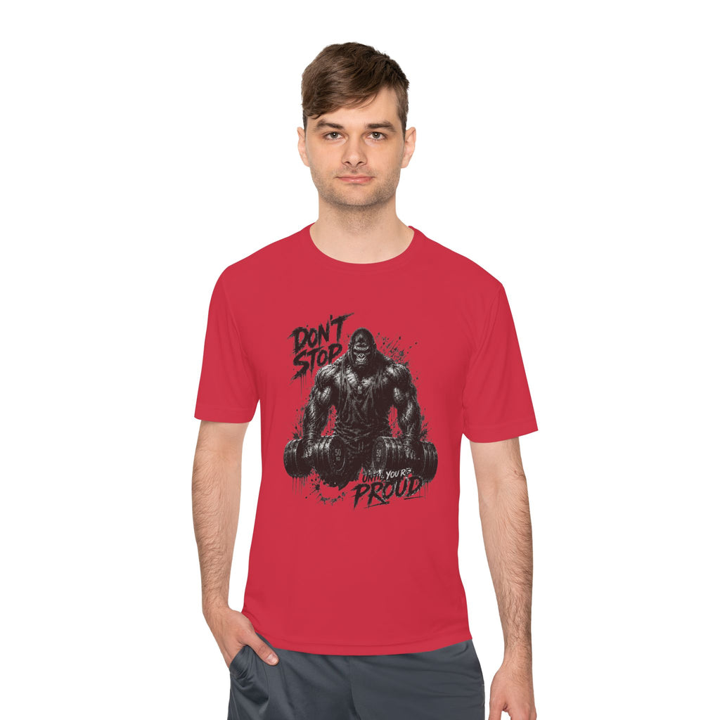 Motivational Gym Tee — 'Don't Stop, Be Proud' Gorilla Weightlifting Shirt (No Pain No Gain)