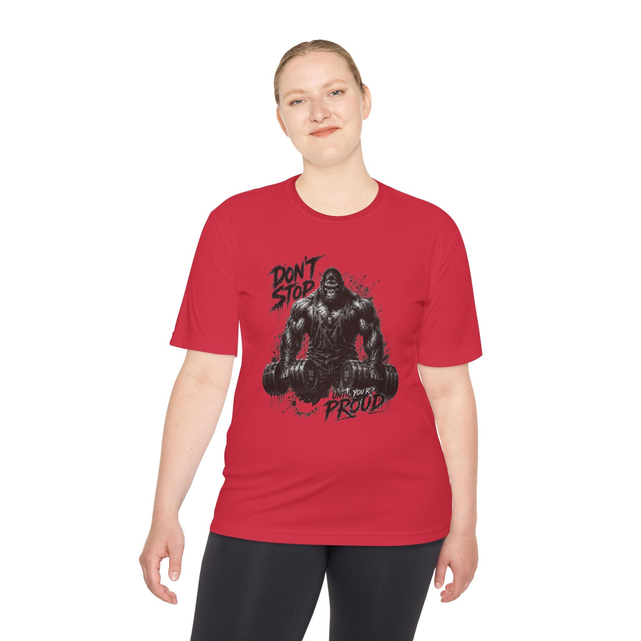Motivational Gym Tee — 'Don't Stop, Be Proud' Gorilla Weightlifting Shirt (No Pain No Gain)
