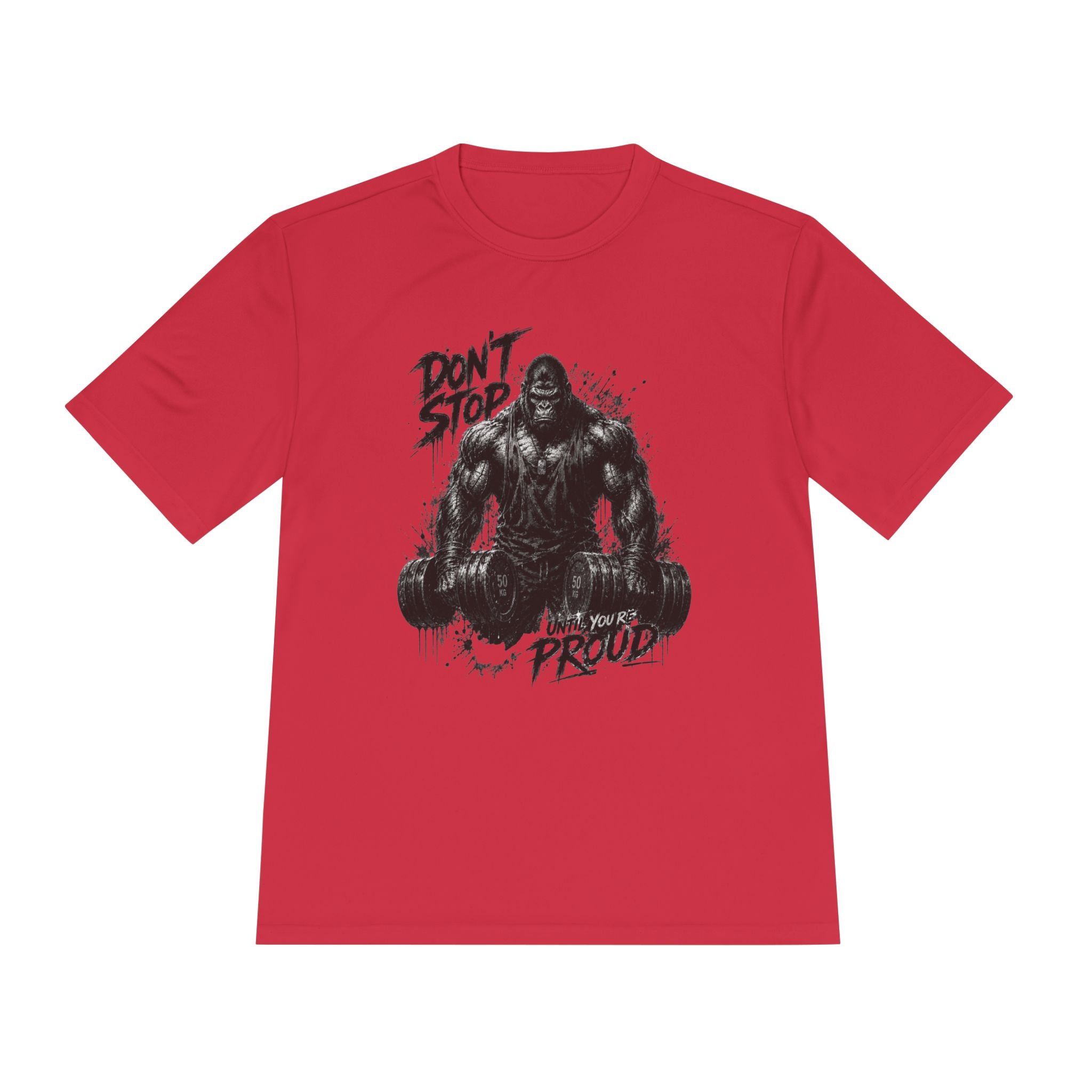 Motivational Gym Tee — 'Don't Stop, Be Proud' Gorilla Weightlifting Shirt (No Pain No Gain)