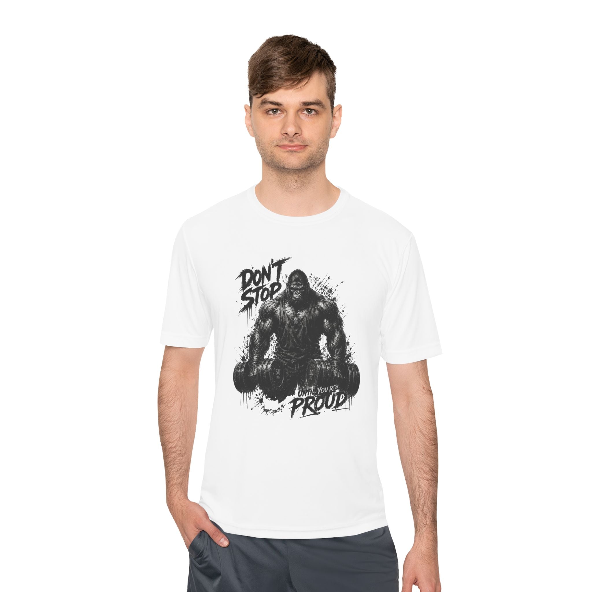 Motivational Gym Tee — 'Don't Stop, Be Proud' Gorilla Weightlifting Shirt (No Pain No Gain)